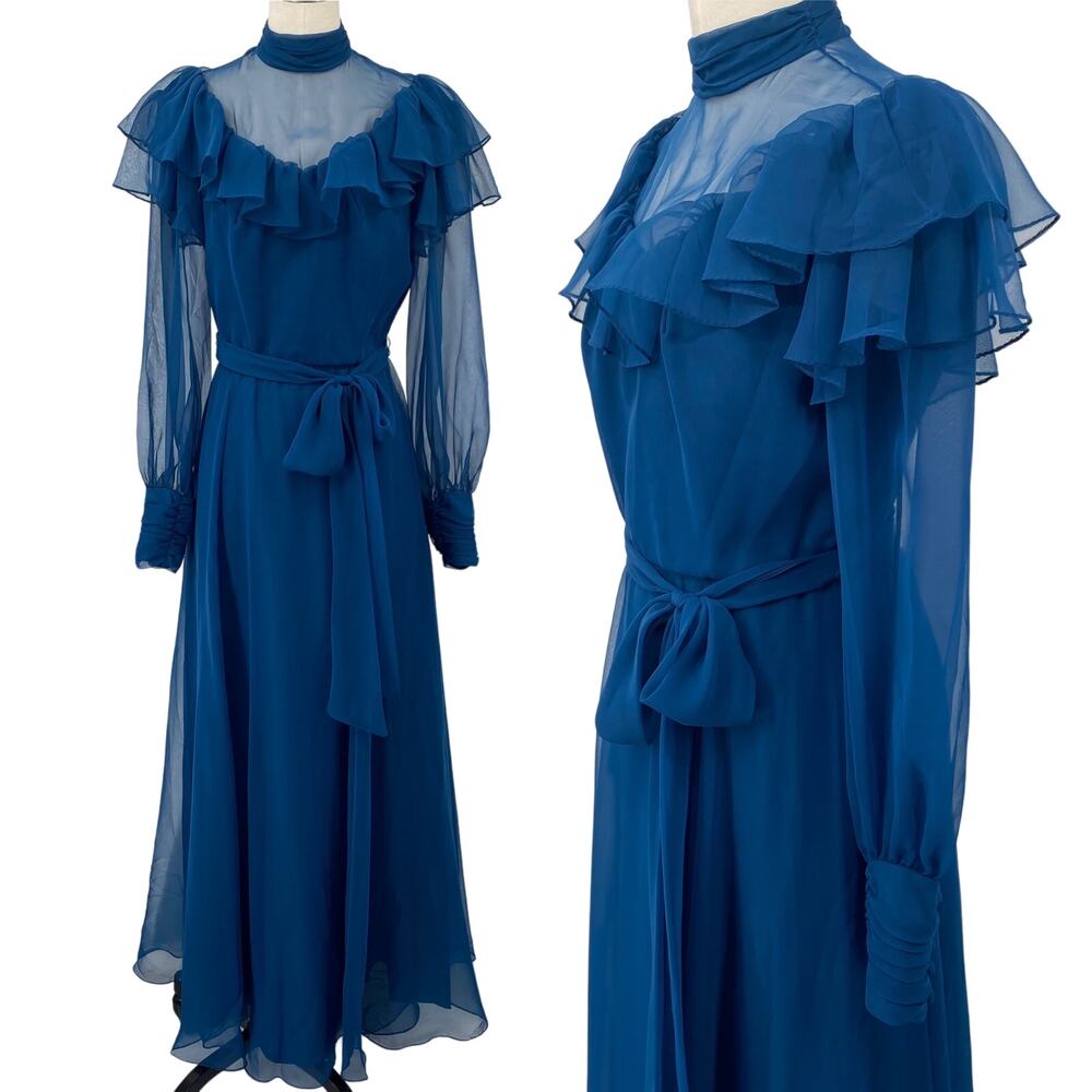 Vintage 70s Ruffled Gown High Neck Bishop Sleeves Fit & Flare Maxi Blue Womens 2